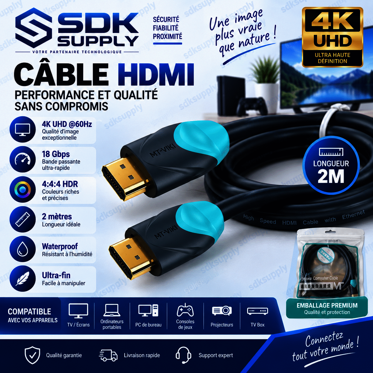 Câble HDMI 4K60Hz MT-VIKI 2m 18 Gbps