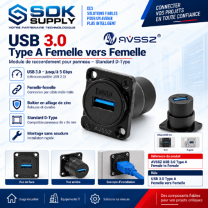 Connecteur USB 3.0/2.0 Femelle - Femelle Noir pour montage panneau