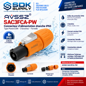 Prise alimentation étanche type aviation IP65 20A/250V (AC) - SAC3FCA-WP