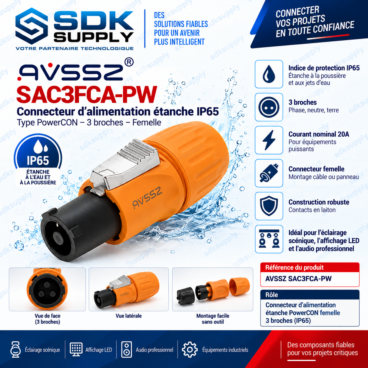 Prise alimentation étanche type aviation IP65 20A/250V (AC) - SAC3FCA-WP