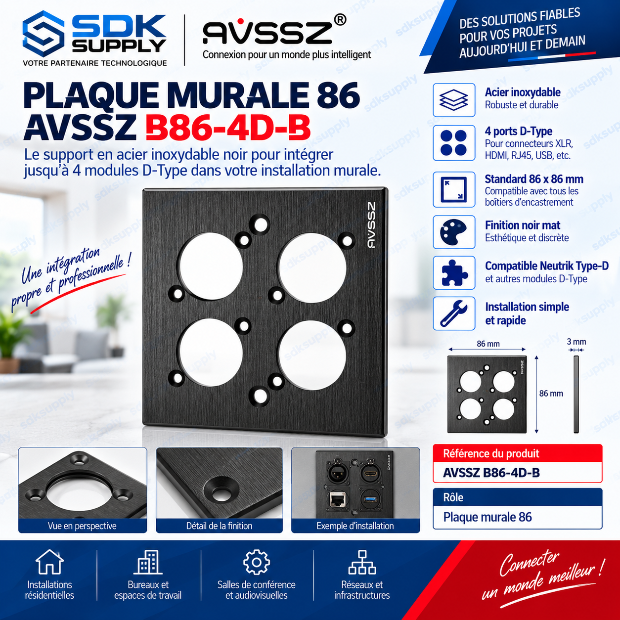 Panneau / plaque noir brossé à quatre trous (4 ports ) D-size - Acier inoxydable noir