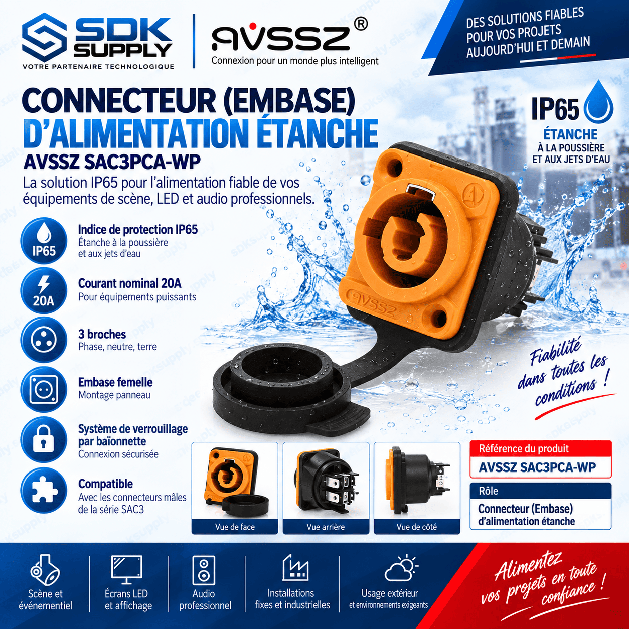 Connecteur aviation 3 broches IP65 20A - SAC3MPA-WP