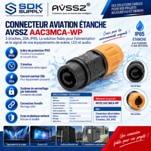 Connecteur  Alimentation (type aviation) étanche AVSSZ AAC3MCA-WP – 3 broches, 20A, IP6