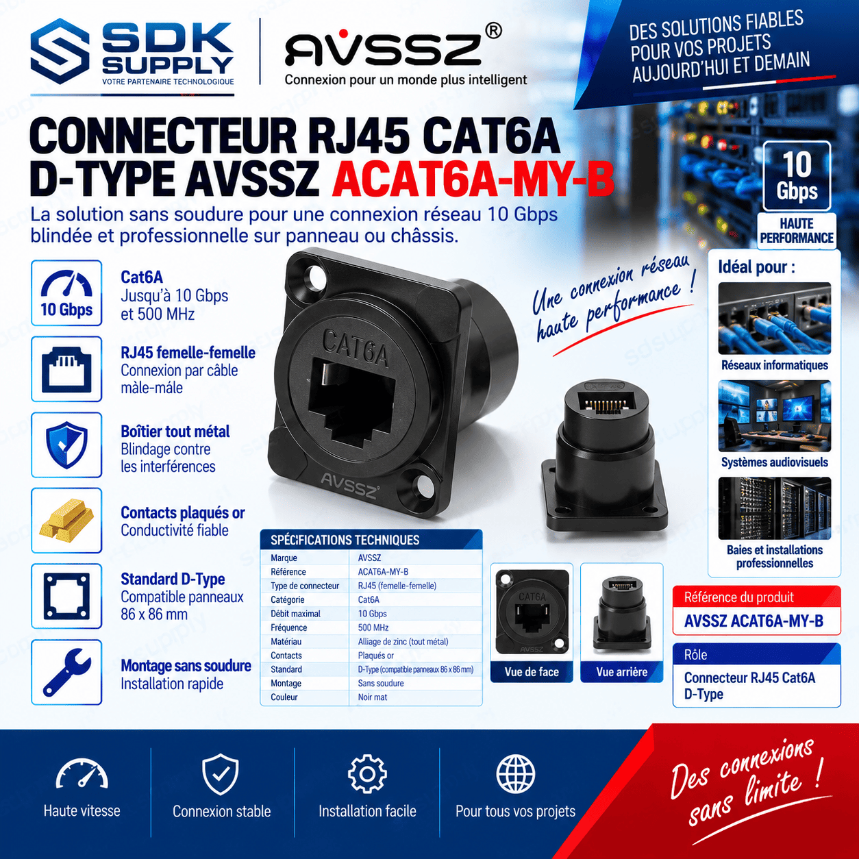 Connecteur RJ45 Cat6A D-Type AVSSZ ACAT6A-MY-B