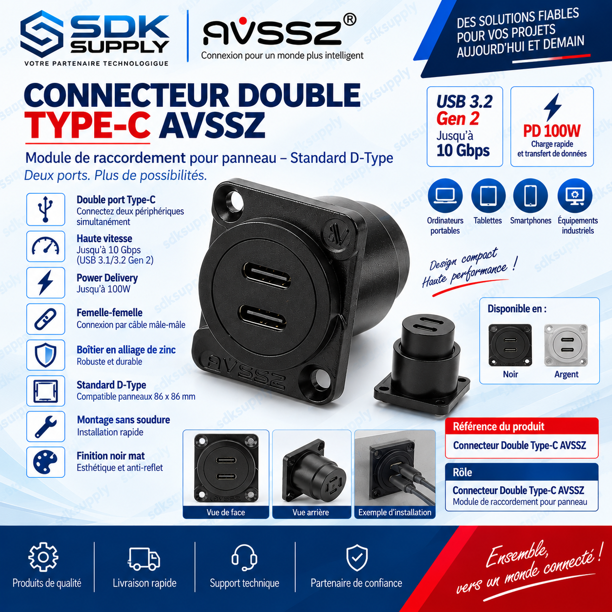 Connecteur double Type-C haute vitesse - Noir