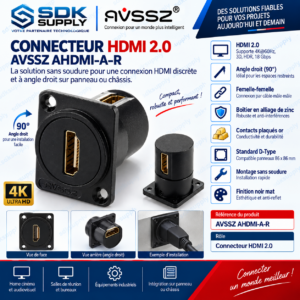 Connecteur/Adaptateur HDMI 2.0 en Alliage de Zinc à Fixation Murale ou sur Châssis (Type D) pour HDTV Noir