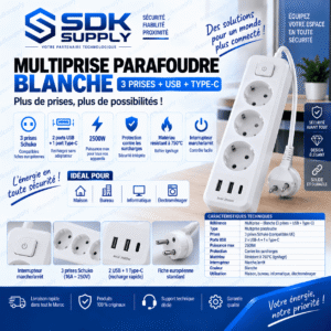 Multiprise Parafoudre  Blanche (3 prises AC + USB + Type-C)