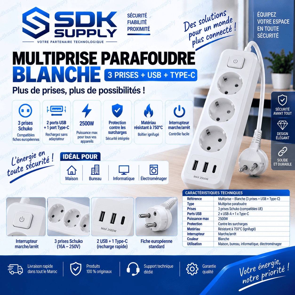 Multiprise Parafoudre Blanche (3 prises AC + USB + Type-C)
