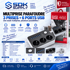 Multiprise Parafoudre (3 prises + 6 ports USB)