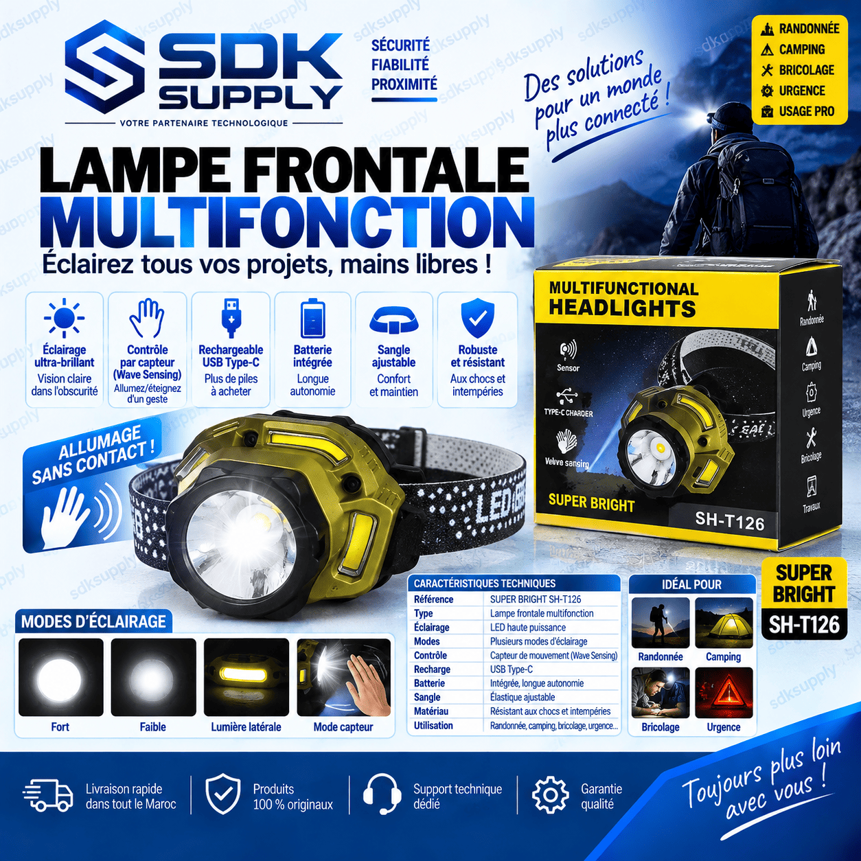 Lampe Frontale Multifonction SUPER BRIGHT SH-T126
