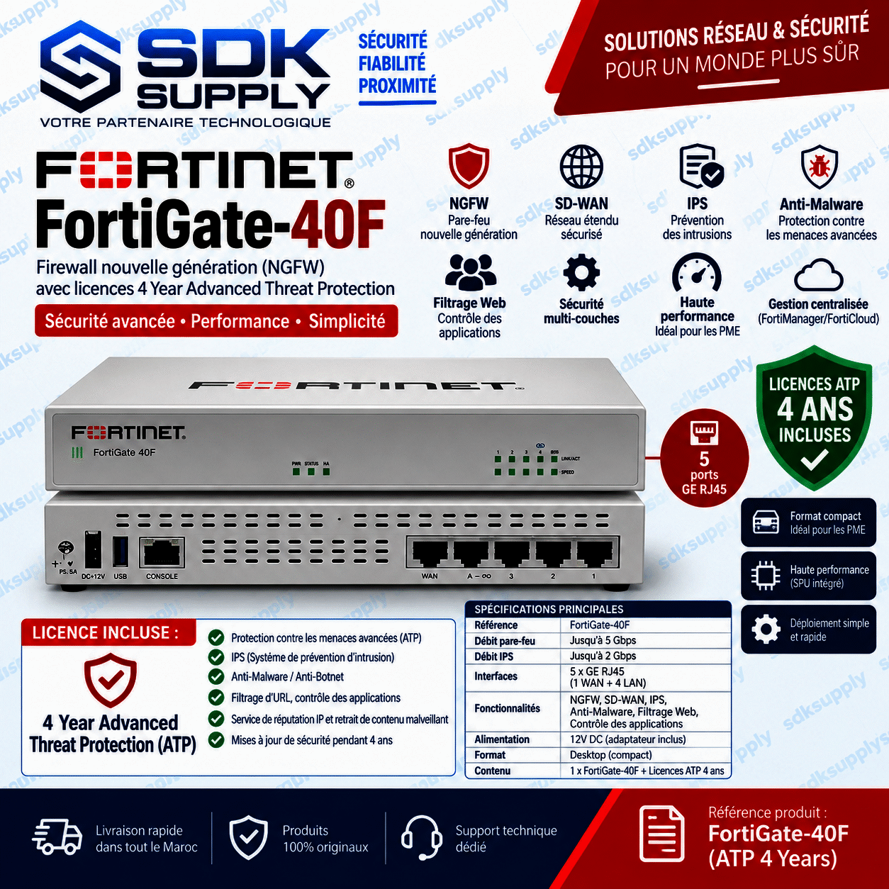 FORTINET FORTIGATE-40F Pare-feu NGFW avec licence Advanced Threat Protection (ATP) 4 ans