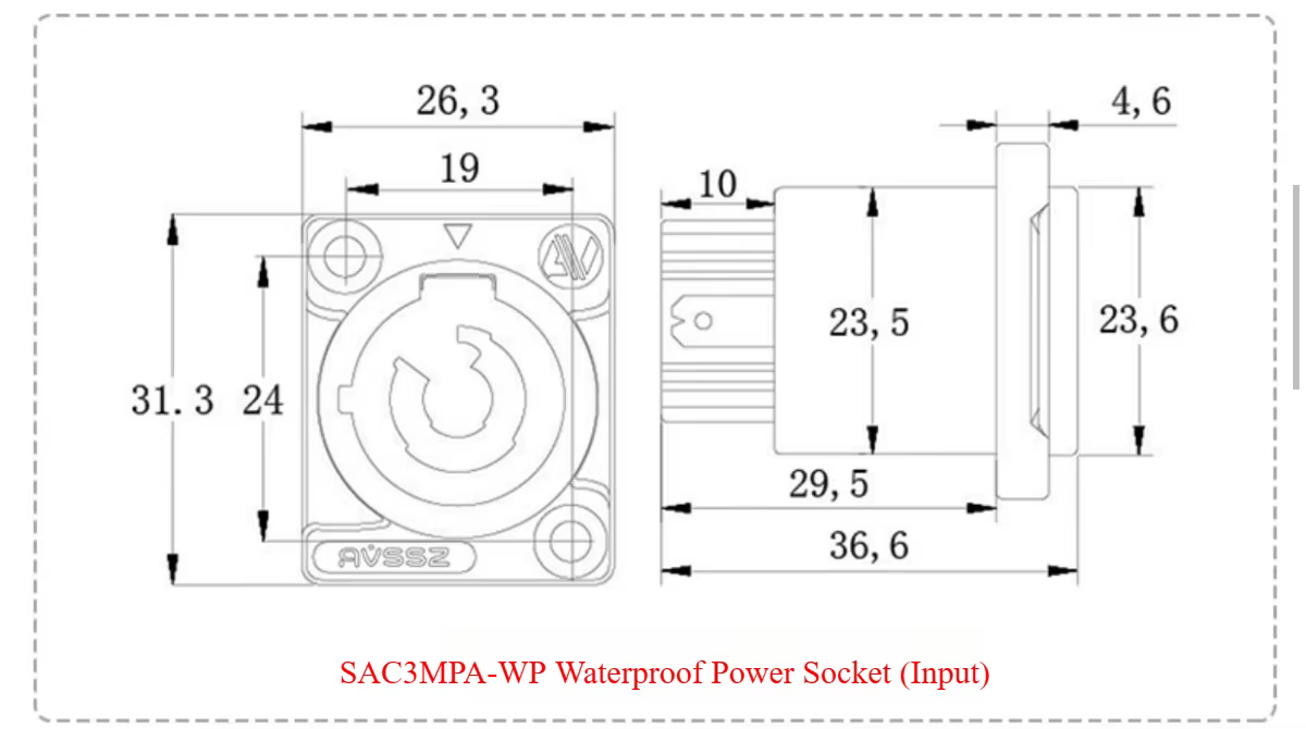 Prise alimentation étanche type aviation IP65 20A/250V (AC) - SAC3FCA-WP – Image 6